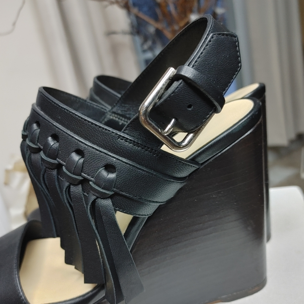 JIMMY CHOO NYA 120 FRINGE WEDGE SANDAL, BLACK 38 - Picture 8 of 14
